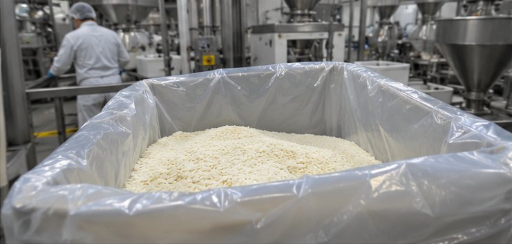 Bulk food ingredient in a PE liner inside a bin in a food manufacturing plant