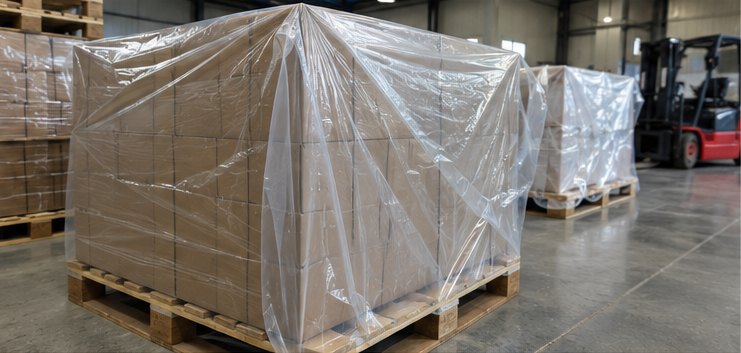 Palletised cartons under clear PE pallet covers in a warehouse