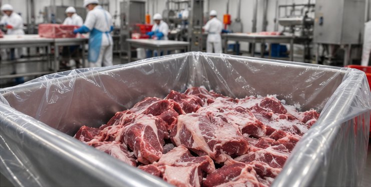 Cut meat in a clear PE liner inside a stainless bulk bin on a processing floor